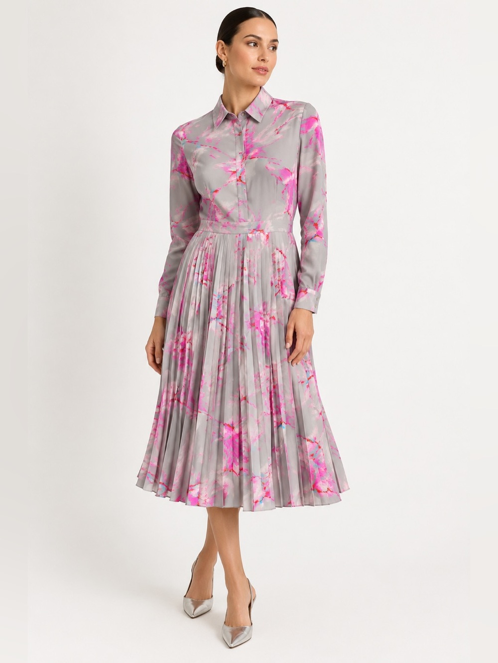 Banana Republic 10 Pleated Midi Shirt Dress Pink Abstract Artsy